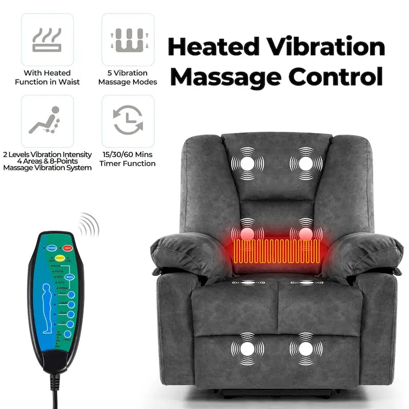 Übergroßer Samt-Elektro-Lift-Sessel mit Massage, Heizung und Taschen  