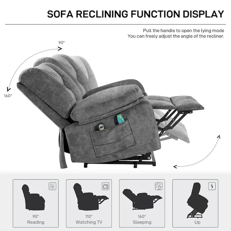 Übergroßer Samt-Elektro-Lift-Sessel mit Massage, Heizung und Taschen  