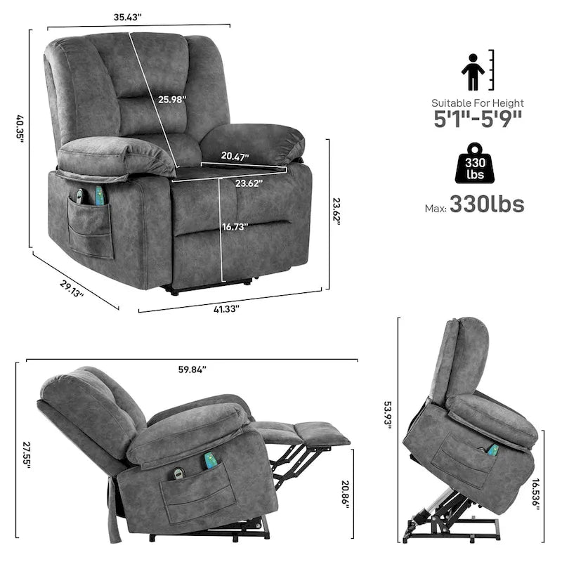 Übergroßer Samt-Elektro-Lift-Sessel mit Massage, Heizung und Taschen  