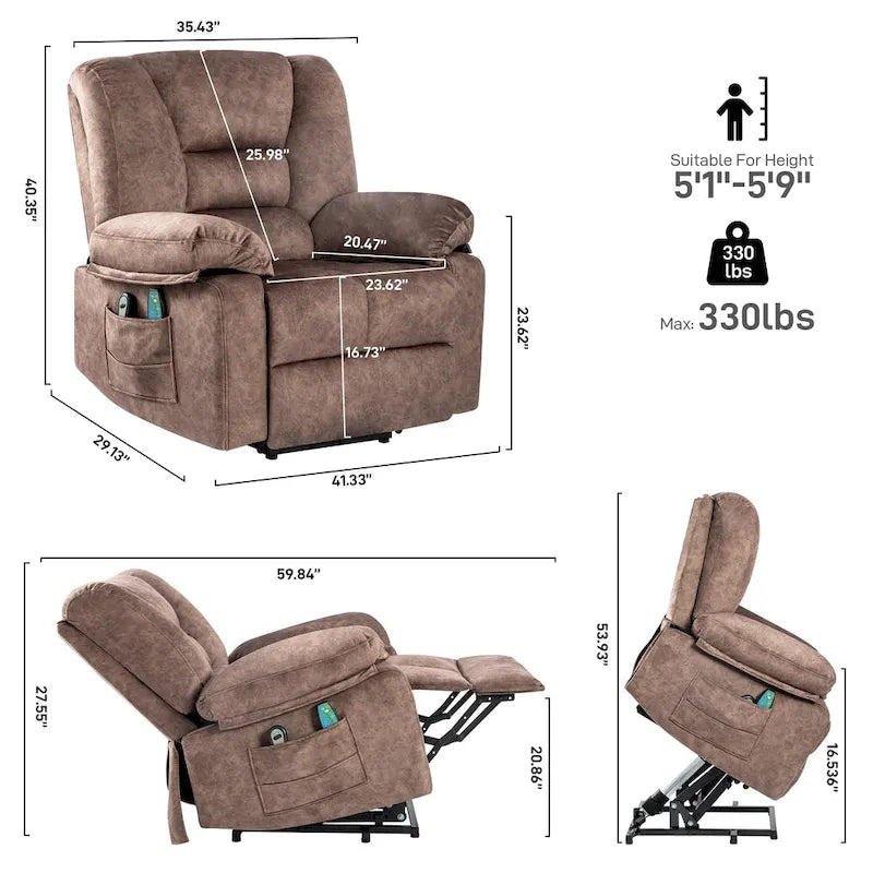 Übergroßer Samt-Elektro-Lift-Sessel mit Massage, Heizung und Taschen  