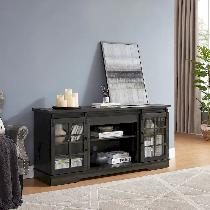 Mobile TV con ante scorrevoli multifunzione, grande contenitore con 2 ante in vetro temperato scanalato, TV fino a 65