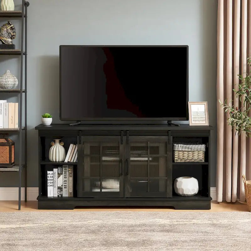 Multifunctioneel tv-meubel met schuifdeuren, grote opbergkast met 2 schuivende geribbelde glazen geharde deuren, geschikt voor tv tot 65  