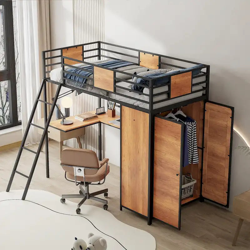 Letto a soppalco singolo con scrivania a forma di L e armadio
