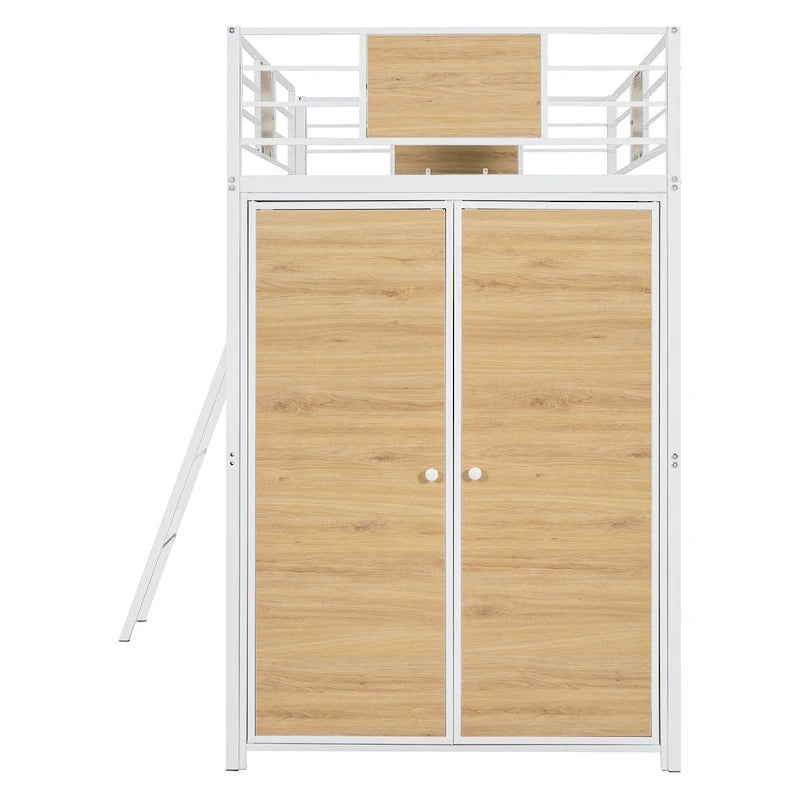 Letto a soppalco singolo con scrivania a forma di L e armadio