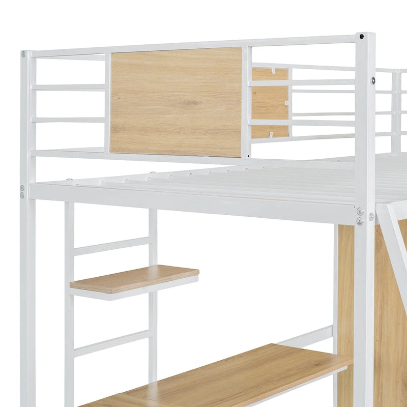 Letto a soppalco singolo con scrivania a forma di L e armadio