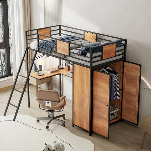 Etagenbett in Twin-Größe mit L-förmigem Schreibtisch und Kleiderschrank  