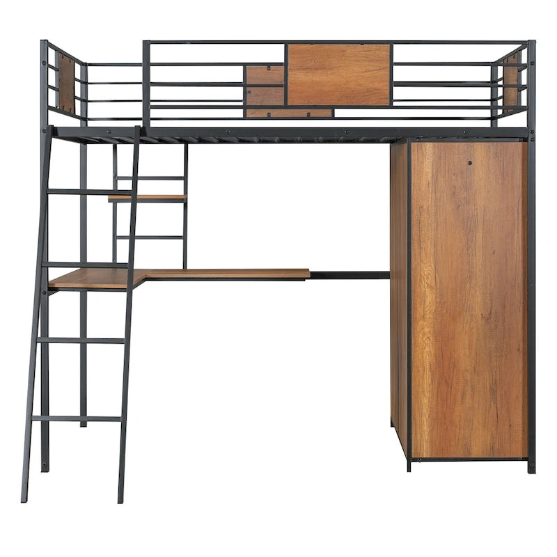 Letto a soppalco singolo con scrivania a forma di L e armadio