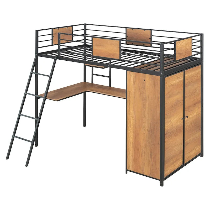 Letto a soppalco singolo con scrivania a forma di L e armadio