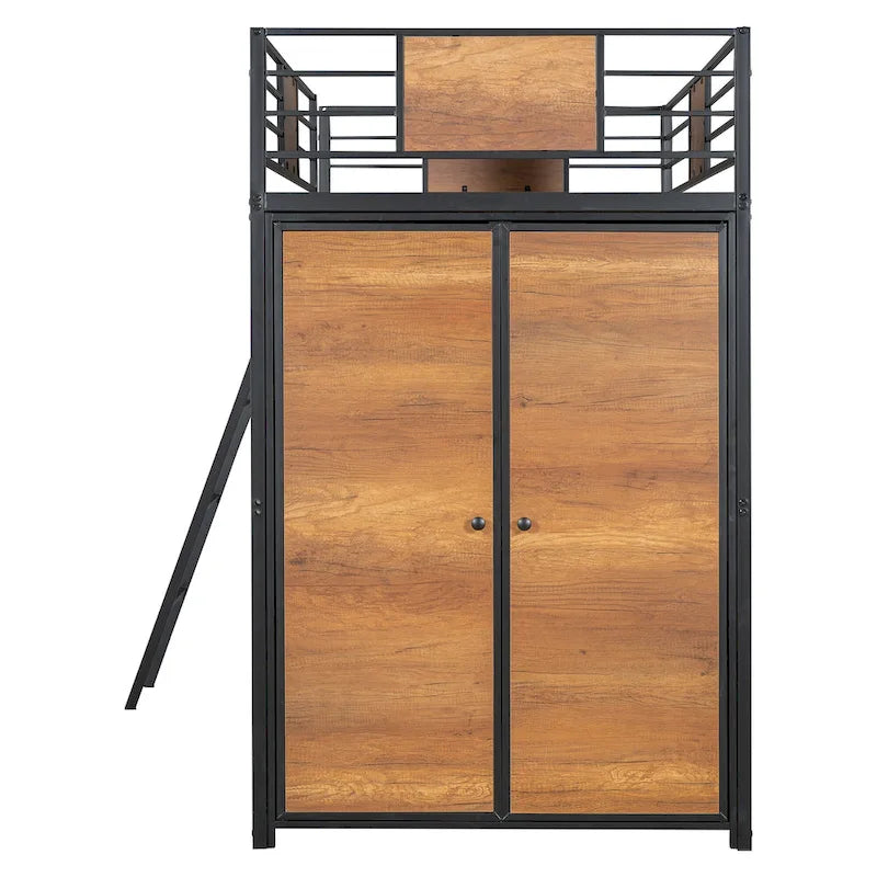 Letto a soppalco singolo con scrivania a forma di L e armadio