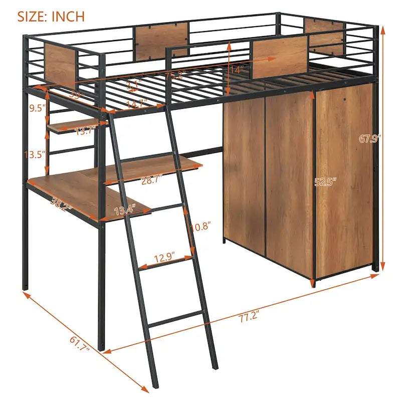 Letto a soppalco singolo con scrivania a forma di L e armadio