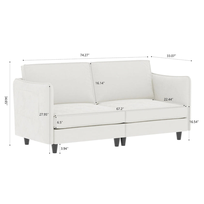 74 Zoll Mid-Century Modern Sofa für zwei Personen mit Seitentasche  