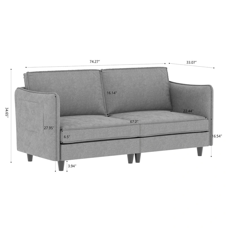 74 Zoll Mid-Century Modern Sofa für zwei Personen mit Seitentasche  