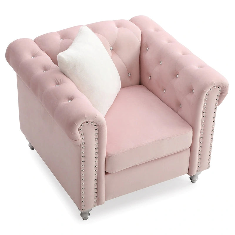 Sillón de acento sólido de terciopelo capitoné con cojín - 38 - Rosa  