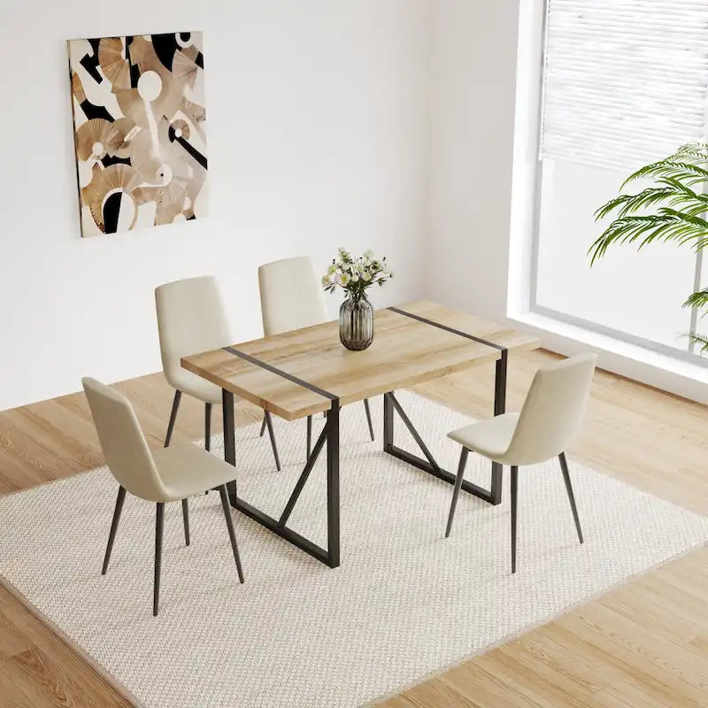 Natural Wood Industrial Dining Table with 4 Chairs