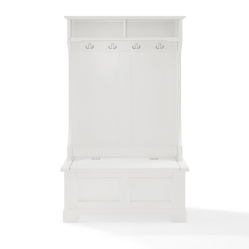 Perchero clásico de madera blanca con ganchos y compartimentos  
