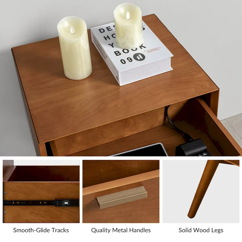 Mid-Century 2-Drawer Wood Nightstand with Charging Station