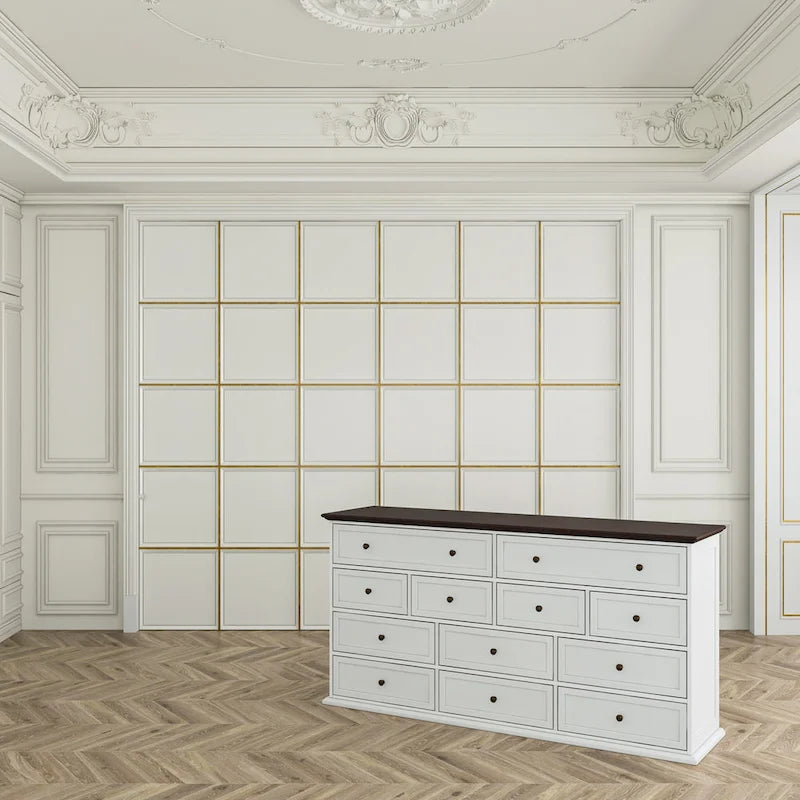 61-Inch 12-Drawer Dresser — Brown and White