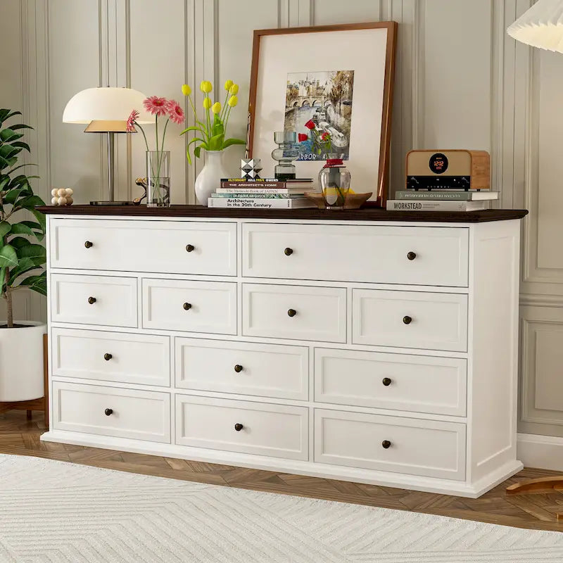 61-Inch 12-Drawer Dresser — Brown and White