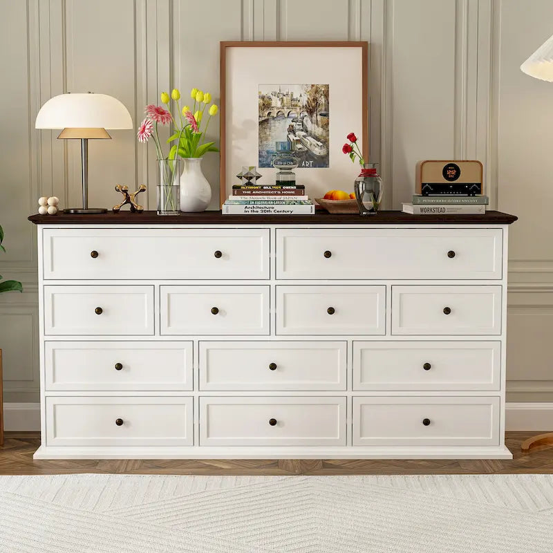 61-Inch 12-Drawer Dresser — Brown and White