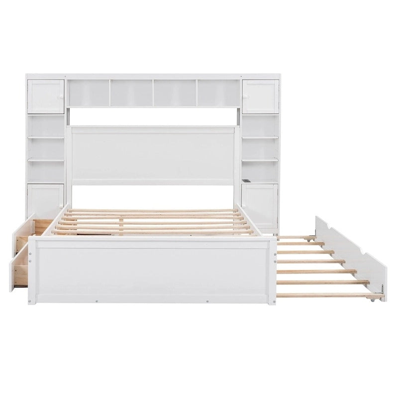 Queen size houten bed met alles-in-één kast, plank en stopcontacten