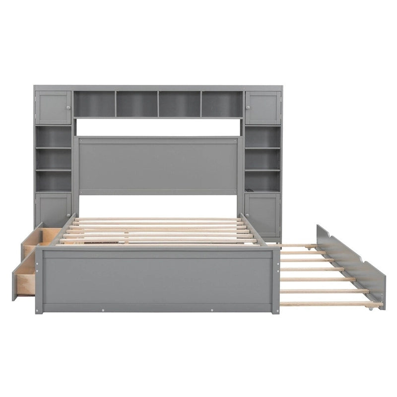 Queen size houten bed met alles-in-één kast, plank en stopcontacten