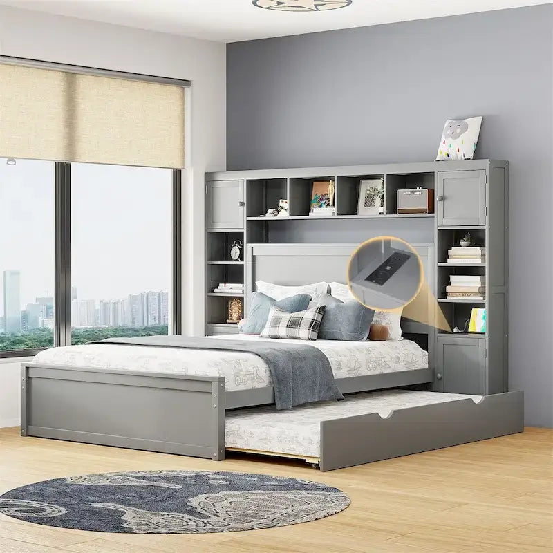 Queen size houten bed met alles-in-één kast, plank en stopcontacten
