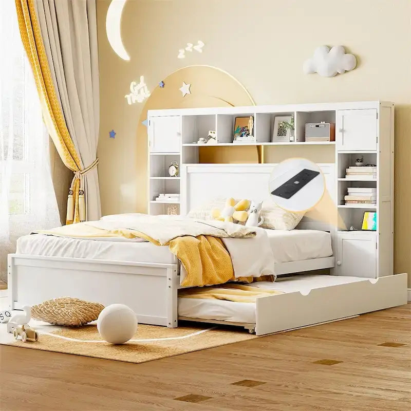 Queen size houten bed met alles-in-één kast, plank en stopcontacten
