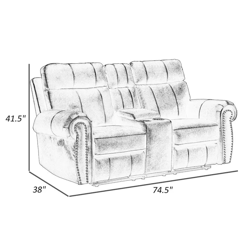 75 Zoll manuelles Relaxsofa für zwei Personen, Aufbewahrungskonsole, graues Kunstleder  