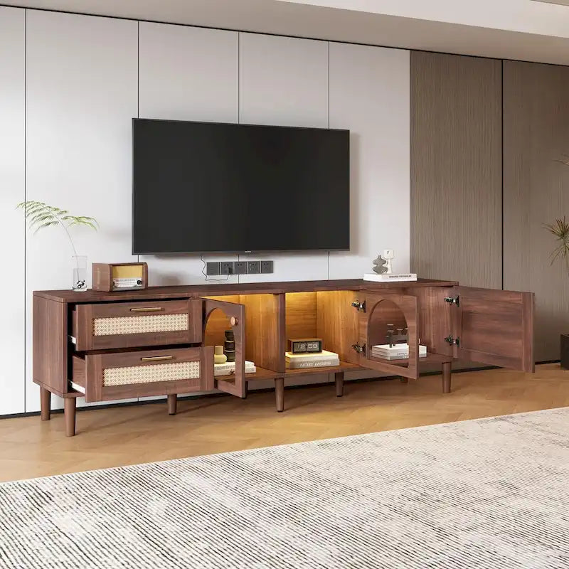 Mueble para TV con 3 gabinetes, 2 cajones de ratán y luz LED — Para televisores de hasta 80"