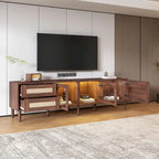 Mueble para TV con 3 gabinetes, 2 cajones de ratán y luz LED — Para televisores de hasta 80"
