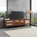 Mueble para TV con 3 gabinetes, 2 cajones de ratán y luz LED — Para televisores de hasta 80"