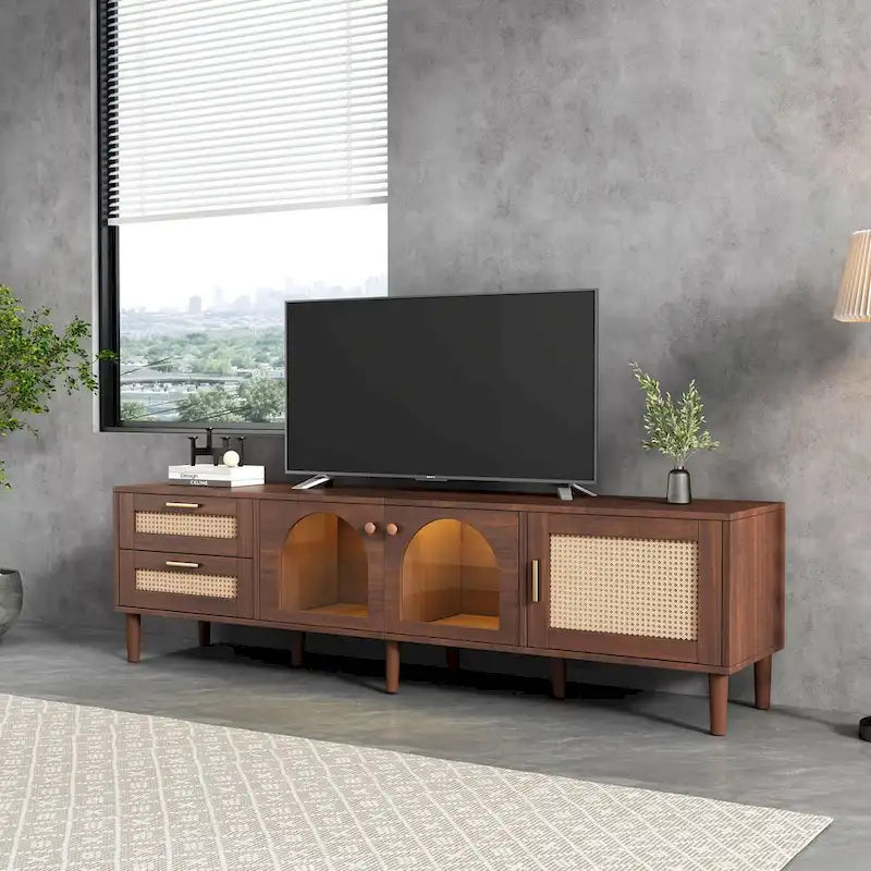 Mobile TV con 3 armadietti, 2 cassetti in rattan e luce LED — Adatto fino a 80"
