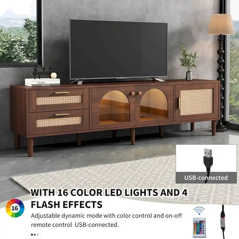 Mueble para TV con 3 gabinetes, 2 cajones de ratán y luz LED — Para televisores de hasta 80"