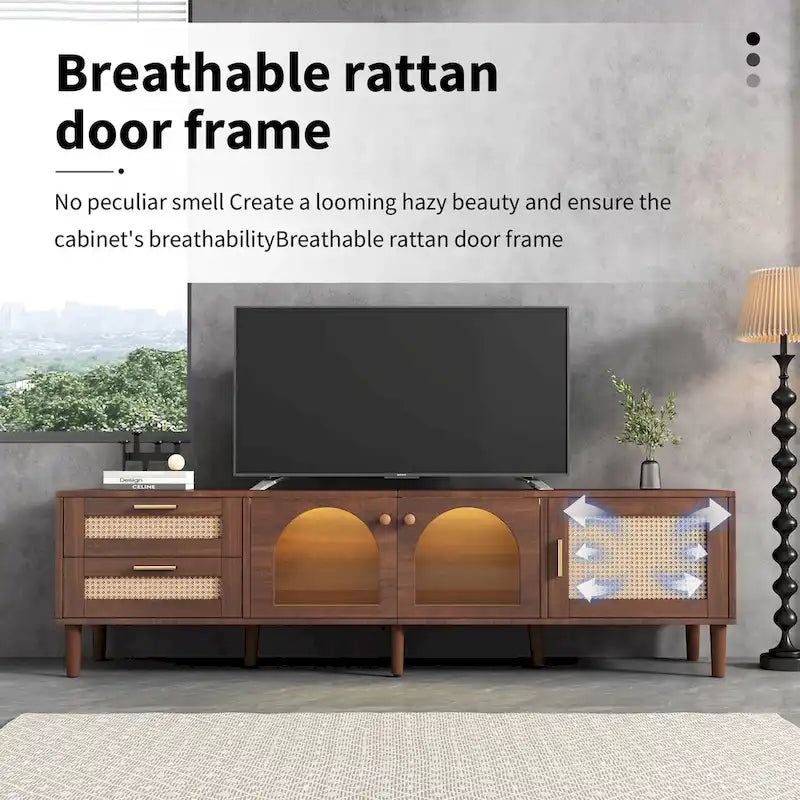 Mueble para TV con 3 gabinetes, 2 cajones de ratán y luz LED — Para televisores de hasta 80"
